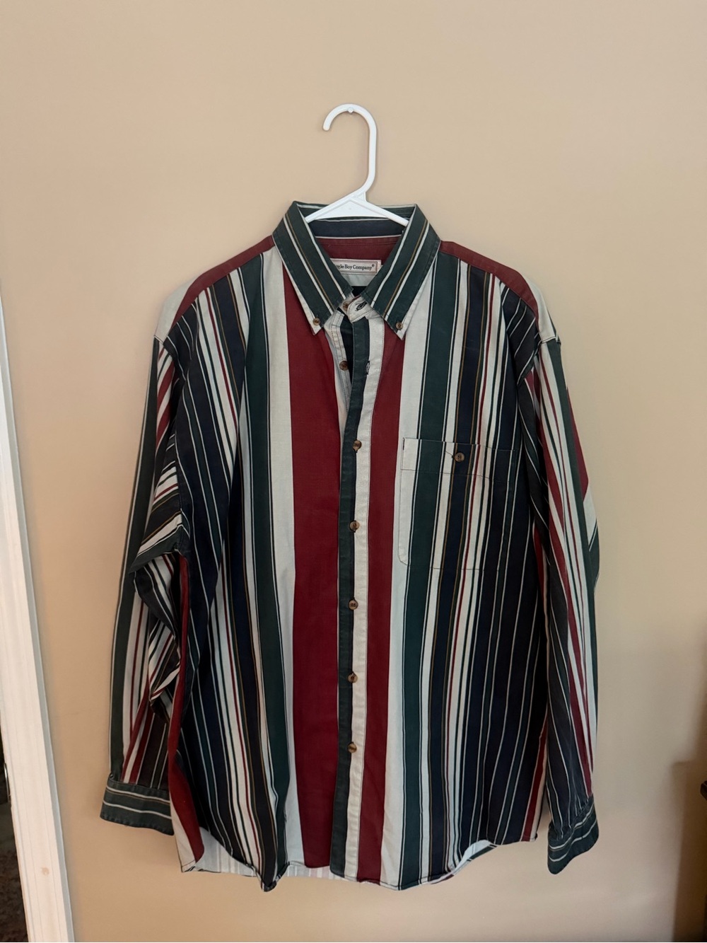 Bugle Boy Vertical Stripe Button-Down Shirt in Burgundy, Dark Green and Cream